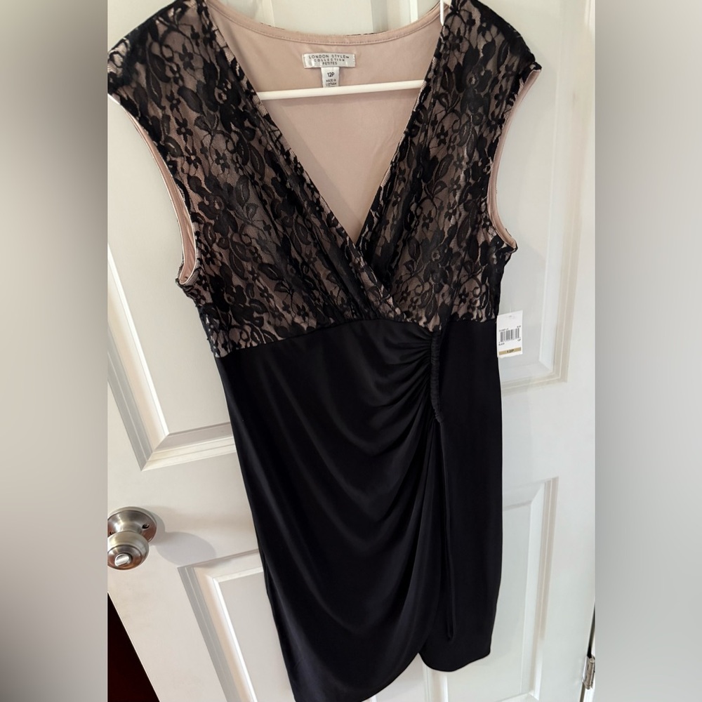 London Style black lace dress with slit in front of